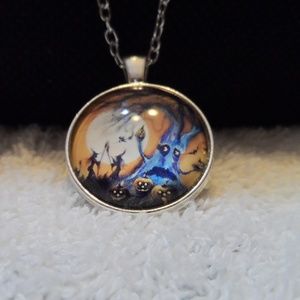 Halloween pumpkin, Witch and tree pendant
